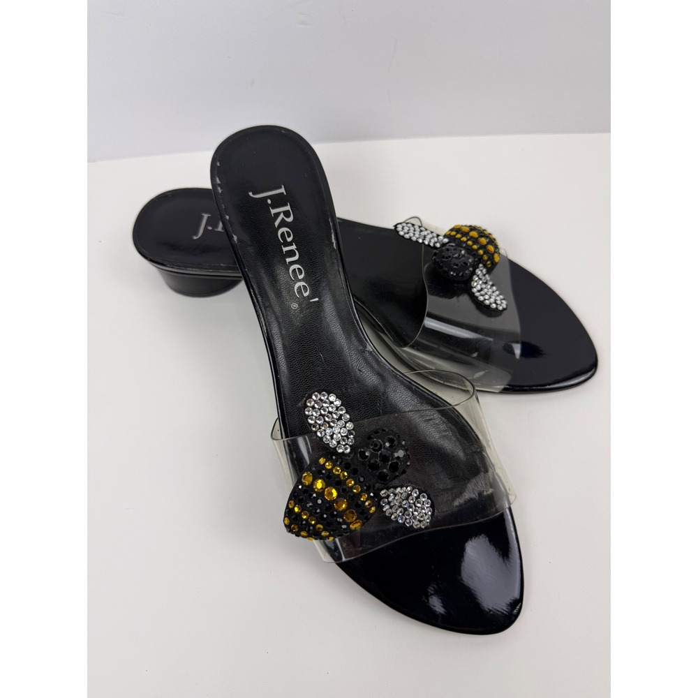 J. Renee Bumble Black Clear Vinyl Beaded Bee Slide Sandals Low Block Heel 8.5M